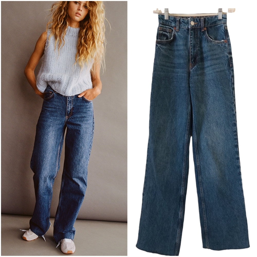 Zara High Waisted Wide Leg Baggy Medium Wash Trendy Womens Denim Jeans Size 0